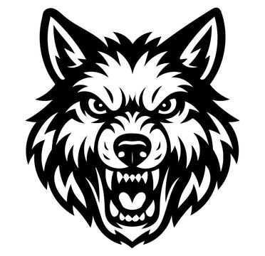 A black and white drawing of a wolf with its mouth open and teeth bared. The wolf has a fierce and angry expression on its face