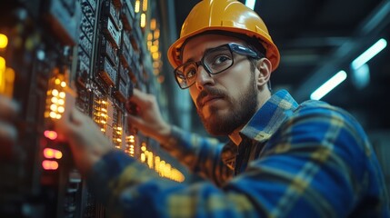 Focused technician examines illuminated control panel.
