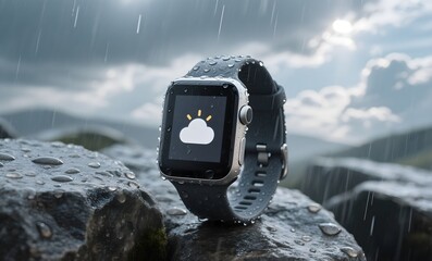 Weather-Resistant Fitness Tracker Displaying Weather Icon on Wet Rock During Rainfall Against Dramatic Stormy Sky