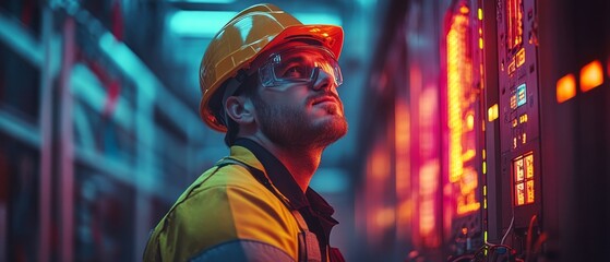 Obraz premium Focused industrial worker in a vibrant, neon-lit environment.