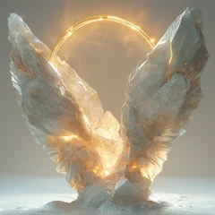 glowing pair of large stone wings with golden light cracks and a shining golden halo behind them on a foggy ground