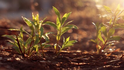 Young plants basking in gentle sunlight, captured at golden hour.