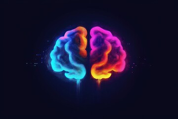 Abstract digital illustration of a human brain divided into two colorful hemispheres with flowing neural patterns glowing in blue and red on a dark background