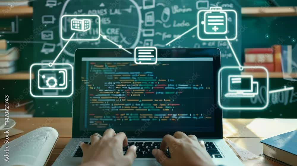 Aufkleber A person is actively typing on a laptop displaying code, while digital icons float above the screen, connecting to chalkboard drawings behind, suggesting a learning or research environment.