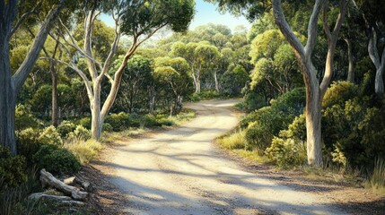 Winding dirt road through sun-dappled eucalyptus forest; travel, adventure background