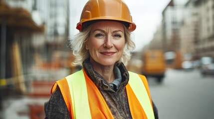 A confident woman in safety gear stands confidently outdoors.