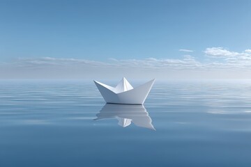 Paper boat drifting on a serene, calm ocean under clear blue skies.