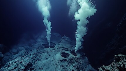 Underwater hydrothermal vents emitting plumes of steam.