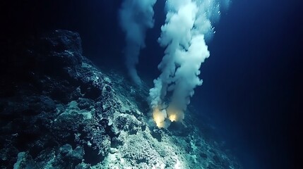 Underwater volcanic vents emitting plumes of steam and gas.