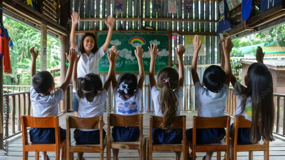 Poster a bright and colorful classroom filled with children and a teacher. the students are sitting at thei