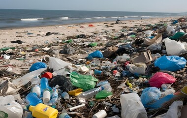 Garbage on the beach, View of a polluted beach, Trash and plastics, Beach Pollution