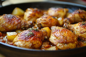 Chicken and potato in a pan generative AI