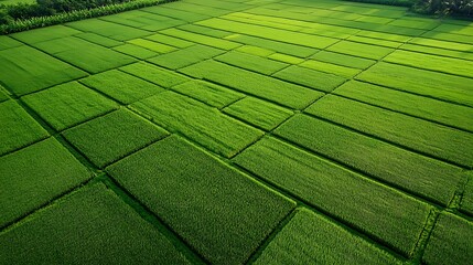 High-angle view of meticulously cultivated paddy fields.