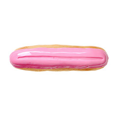 A single pink glazed eclair, showcasing a classic dessert with a delicate and tempting pink glaze. The eclair is perfectly illuminated, highlighting its soft, airy texture and deliciousness