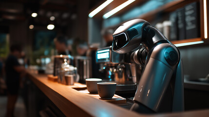 Robot barista cafe, sleek silver robot preparing custom orders from voice commands, sci-fi atmosphere