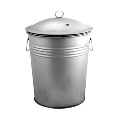 A metallic trash can with a lid and handles. A practical and utilitarian object for waste disposal
