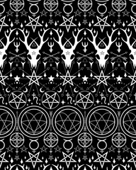 Seamless pattern of occult symbols. White lines on black background