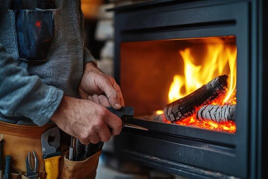 Person tending to burning logs inside a modern wood stove with warm glowing flames and hot embers, creating a cozy and comfortable atmosphere