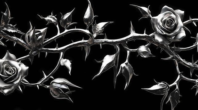 Silver metal rose vines with sharp thorns. gothic prickly vine elements isolated. [Mechanical Folklore] | Alloy Fables | metal tale. Illustration