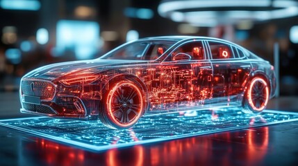 Transparent futuristic car model with glowing red circuitry and illuminated wheels displayed on a digital platform in a high-tech environment