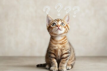 Curious small tabby kitten sitting on smooth surface looking upward with wide eyes and question marks above its head expressing puzzlement