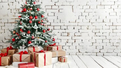 A festive scene featuring Christmas tree adorned with red ornaments , snowflakes. Presents wrapped in brown , red paper are stacked beneath tree on white wood floor, against white brick wall. - Powered by Adobe