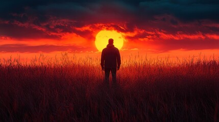 Fototapeta premium Silhouette of a Man at Sunset, Contemplation and Serenity in a Field of Tall Grass