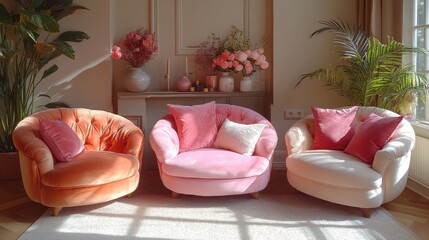 Three Pastel Velvet Armchairs in a Sunlit Living Room