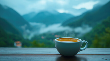 Warm beverage with mountain view