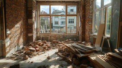Interior demolition site with sunlit cityscape view.