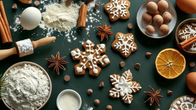 Overhead shot showcasing gingerbread cookies decorated as snowflakes, alongside ingredients like flour, eggs, cinnamon, and spices on a dark background, evoking a winter baking theme.