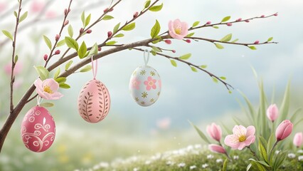 Closeup view of hanging fake eggs on table with brick wall with copy space decorated interior.
