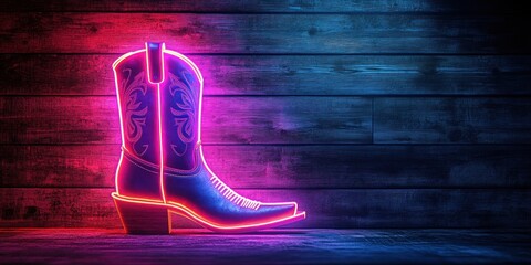 Illuminated cowboy boot with detailed stitching glowing in vibrant pink and blue neon light against dark wooden textured wall, evoking retro and energetic mood