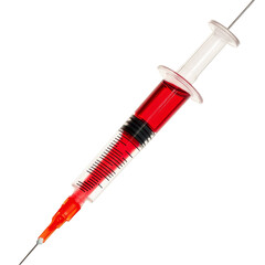 Fototapeta premium A red liquidfilled syringe on a clean transparent background, emphasizing medical and lab applications, plastic syringe with red liquid isolated on transparent background