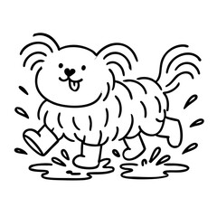 a cute hairy dog play with his boots on dirt water 
