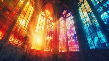 Obraz premium Colorful stained glass windows in a cathedral. Sunlight streams through the windows.