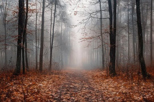 foggy autumn forest path covered with fallen orange and brown leaves surrounded by tall leafless trees in early morning mist