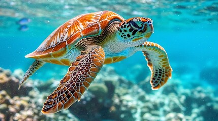 Fototapeta premium Sea turtle swimming in vibrant coral reef (1)