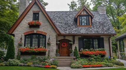 A charming cottage-style house with rustic wooden accents, a sloped roof, and flower-filled window boxes, representing cozy and inviting architecture. 
