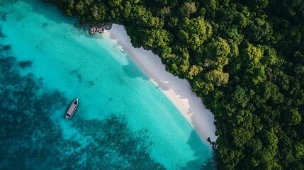 Aerial view of a pristine tropical beach and lush forest.