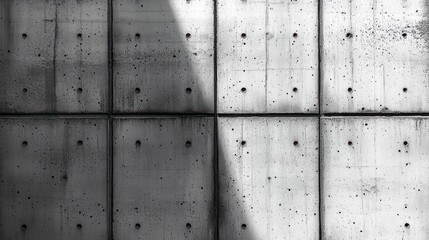 close-up view of a concrete wall with rectangular panels and visible bolt holes showing light and shadow contrast