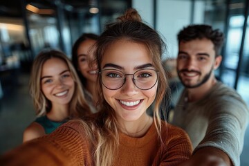 Fototapeta premium Group of four young adults smiling and taking a selfie together indoors with warm and friendly expressions
