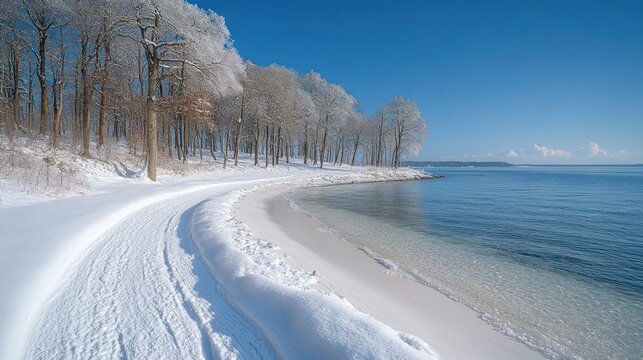 Winter Wonderland Beachscape: Snow-Covered Path Meets Tranquil Coastal Waters