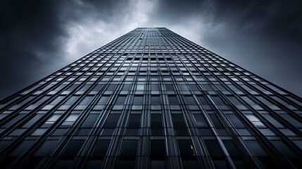 A futuristic high-rise with striking angular architecture, its imposing presence emphasized by dramatic shadows; worm's-eye view, moody tones, modern city power. 