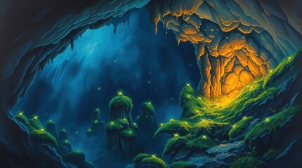 Fantasy Glowing Cave with Moss and Bioluminescent Insects, Oil Painting Style
