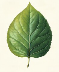 Detailed close-up of a single green leaf showing intricate veins and serrated edges on a plain light background