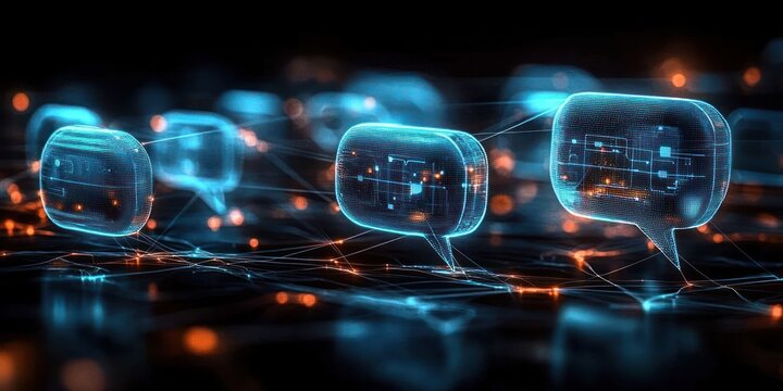 Digital holographic speech bubbles interconnected by glowing network lines representing communication and data exchange in a futuristic virtual environment