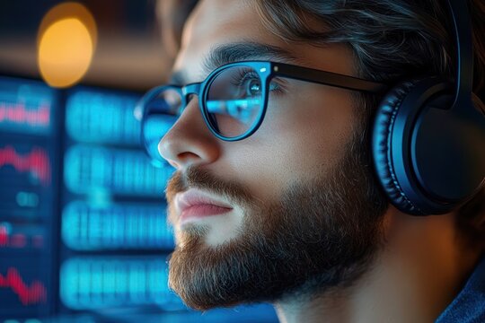 Young man with beard and glasses wearing headphones looking thoughtfully at multiple computer screens with financial data and graphs