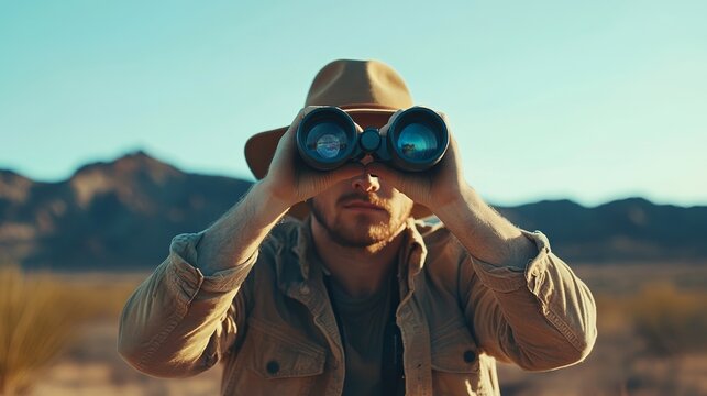 Man in hat using binoculars scenic desert landscape view sun sky day tan warm gold blue brown beige
