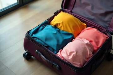 A neatly packed suitcase ready for travel, showcasing efficient organization and space-saving techniques , efficient, tidy